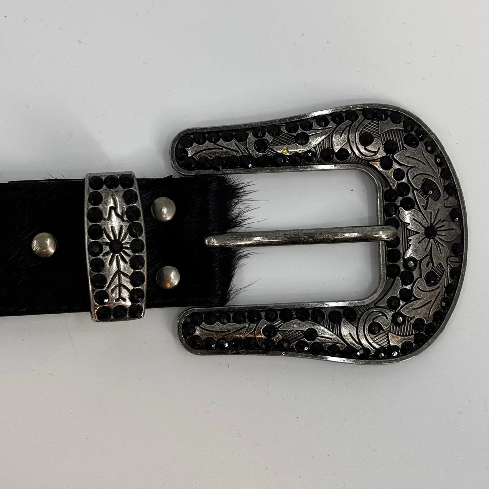 Western Leather Belt Womens S/M Black Hair on hide Rhinestone Studded Bling New